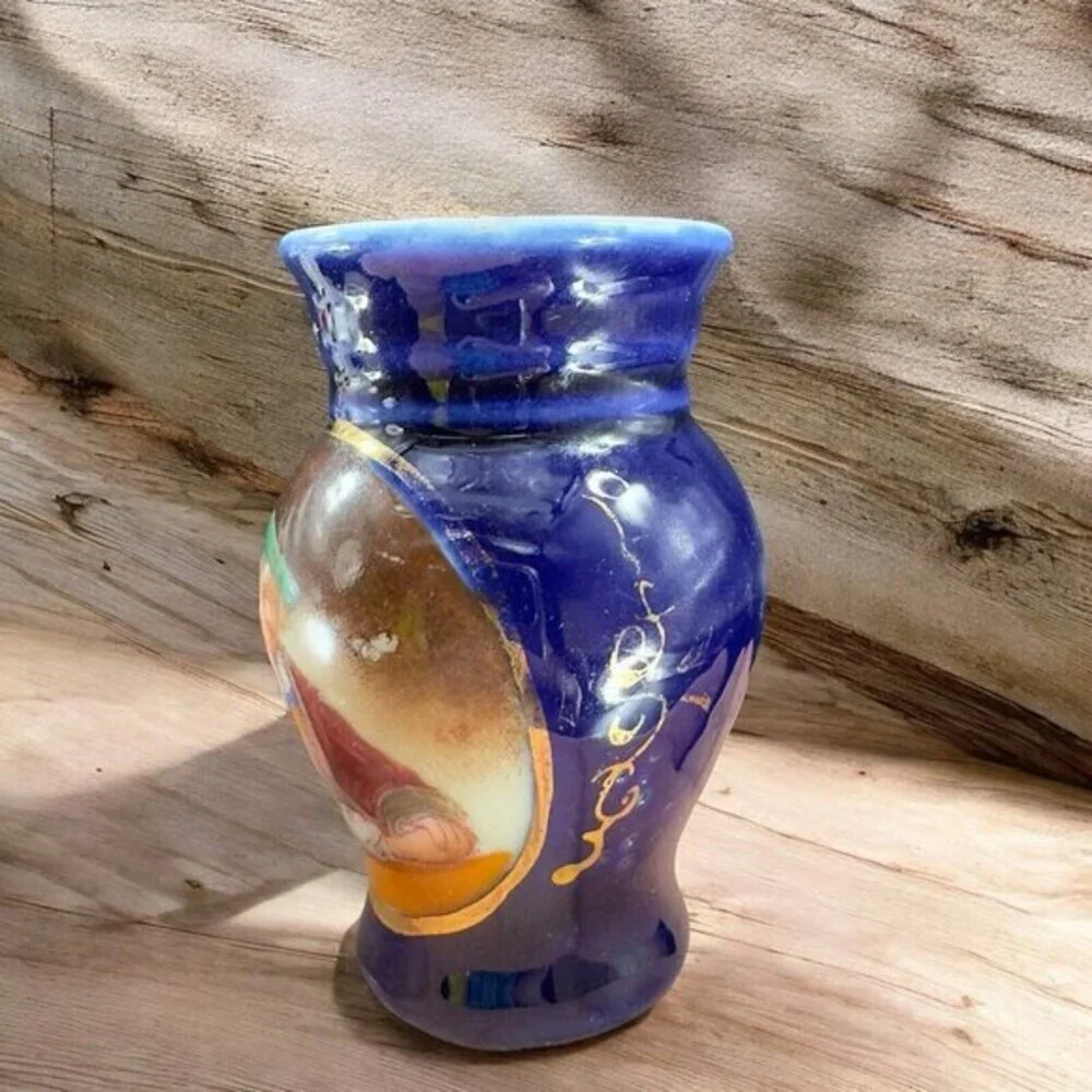 Antique Hand Painted Portrait Porcelain Small Miniature Vase‎ Cobalt Blue VTG